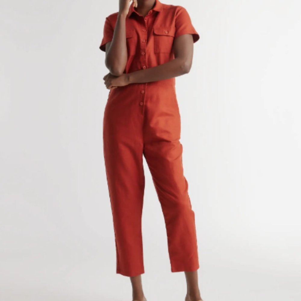 Quince Cotton Linen Twill Short Sleeve Coverall Jumpsuit in Red